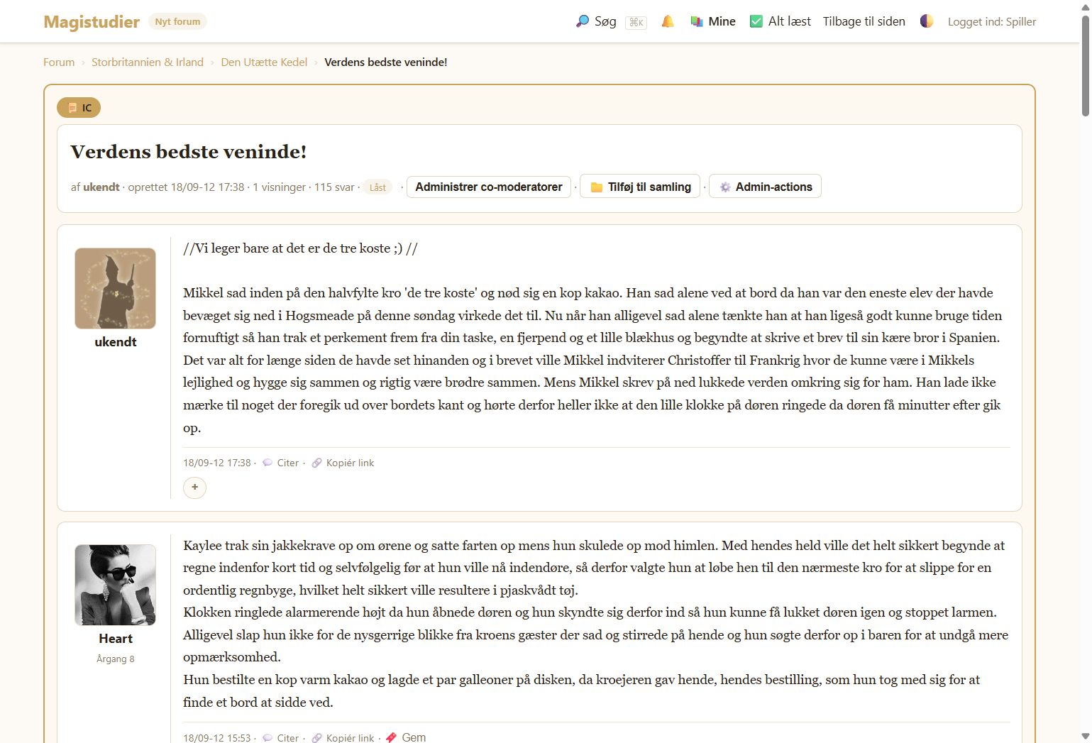 En tråd med karakter-indlæg, portrætter og svar