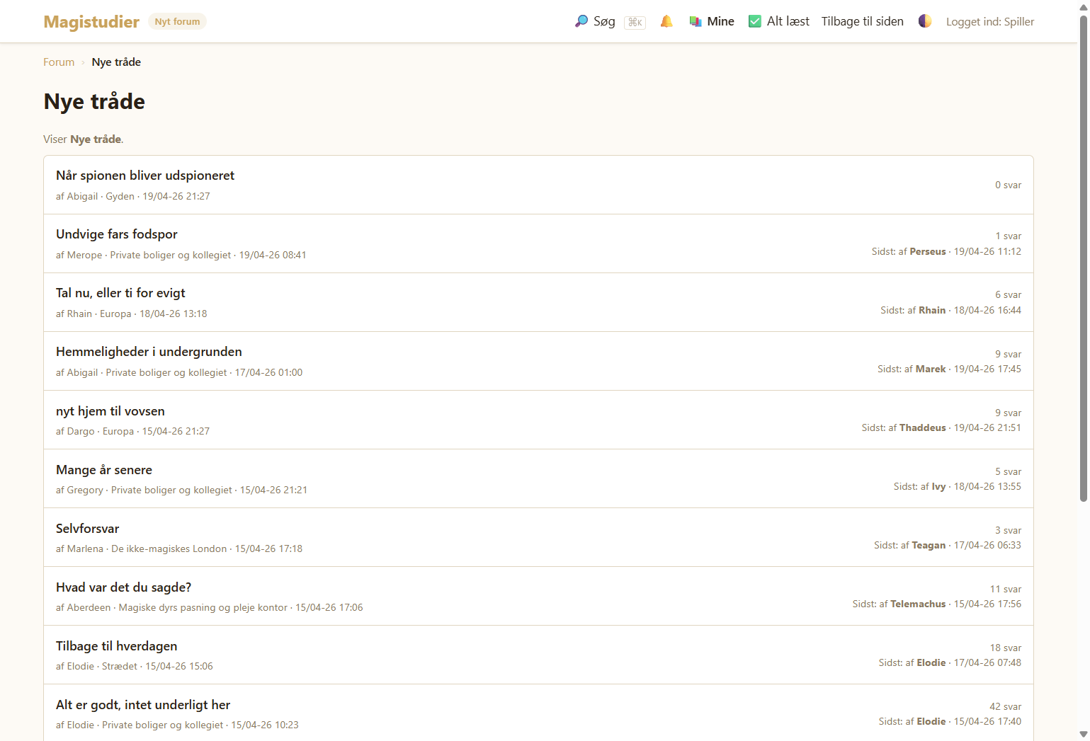 Nye tråde: liste over seneste aktivitet med sidste-svar-info